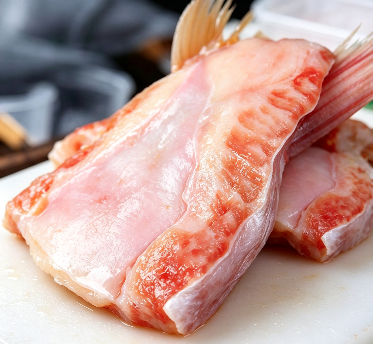 Fresh red snapper fillets, vibrant pink flesh and glossy surface
