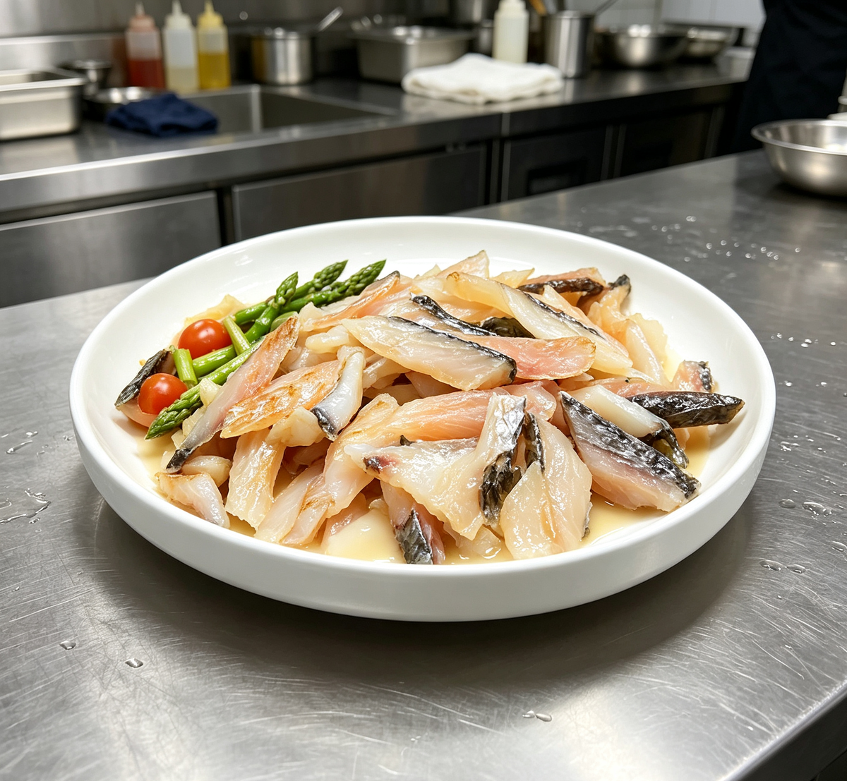 Pre-cooked smoked fish fillets served in a white bowl