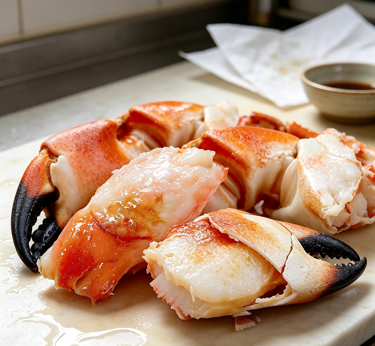 Premium stone crab claws with vivid orange shells and glossy white meat