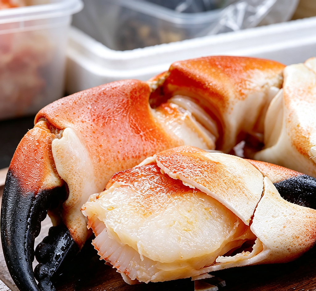 Plump stone crab claws arranged for serving