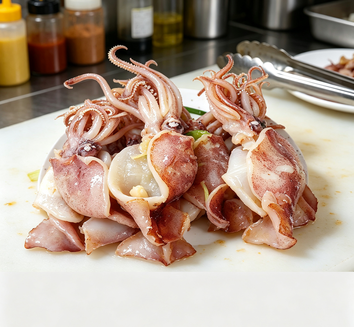 Fresh squid skewer pieces with a glossy pinkish-white finish