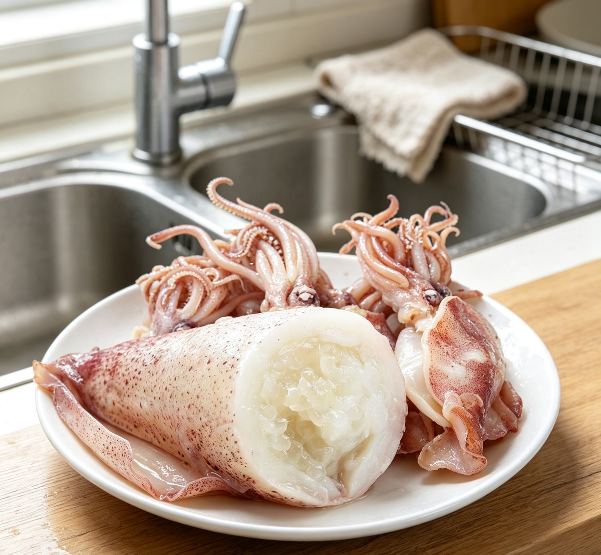 Pre-cut squid pieces arranged and ready to grill