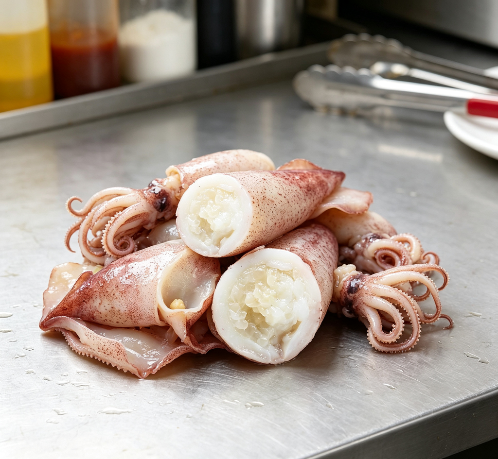 Uniform squid skewer pieces for frying, grilling or boiling