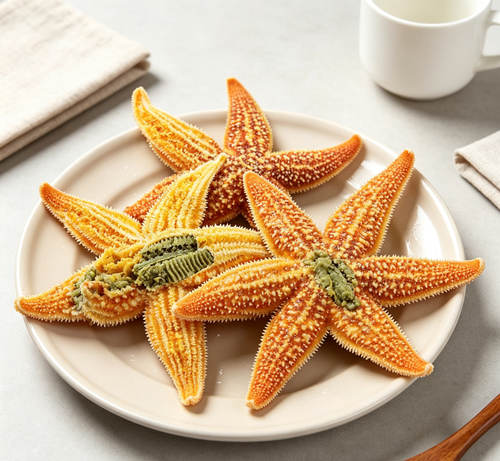 Golden sea star with an orange body and vivid green filling