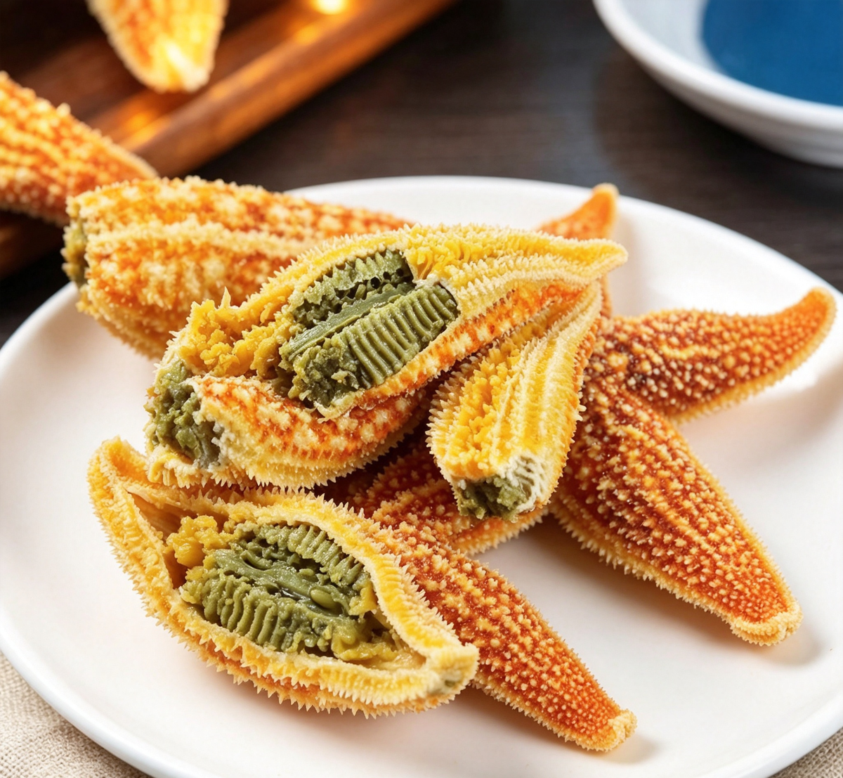 Golden star-shaped snack with a crisp shell and green filling