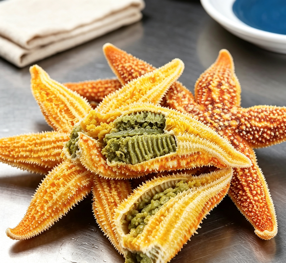 Sea star delicacy plated as a striking seafood garnish