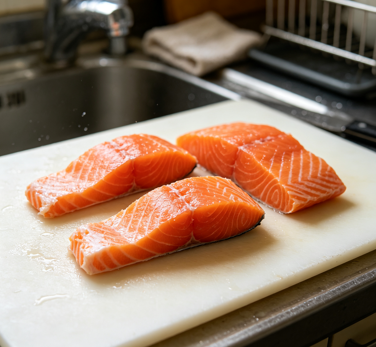 Fresh salmon fillets with rich orange colour and fine marbling