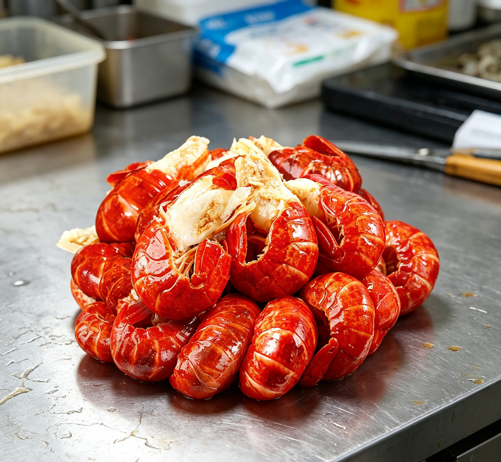 Plump cooked crawfish tails with a vibrant red hue