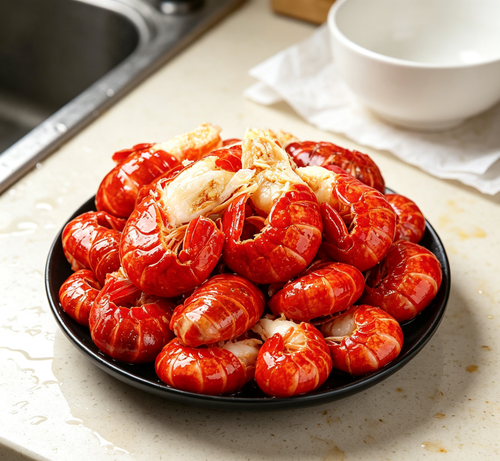 Pile of glossy crawfish tails ready for a seafood boil